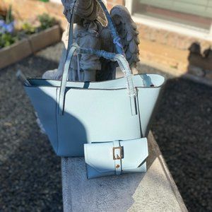 light blue leather handbag with matching wallet